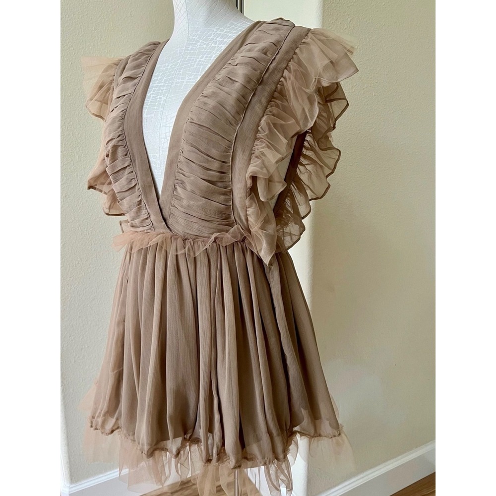 Tularosa Amelia Dress Ruffle Tulle Coquette Fairycore Mini Womens XL Tan/Mauve - Picture 3 of 13